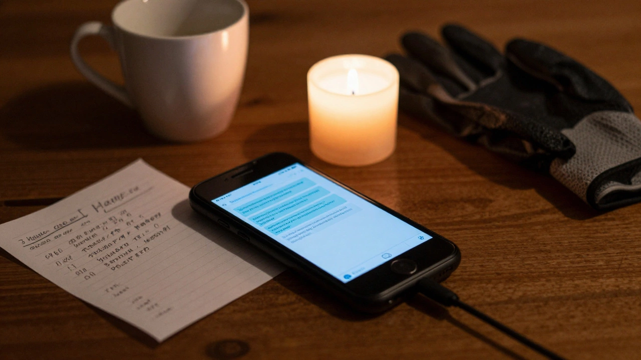 A burner phone and handwritten note on a wooden table, glowing with encrypted messages in low light.