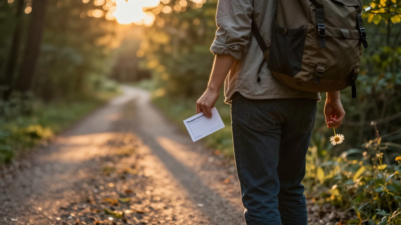 A person at a forest trail at sunset, holding a therapy appointment and a wildflower, symbolizing self-renewal.