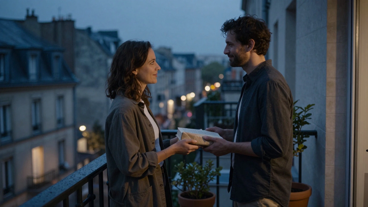 A woman hands a book to a man on a rain-glistened balcony, their exchange silent but deeply meaningful.