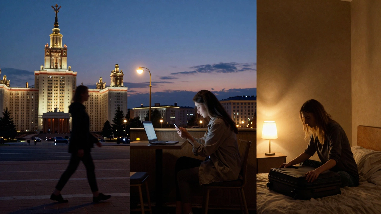 Three women in silhouette across Russian cities, each illuminated by a single light source at dusk.