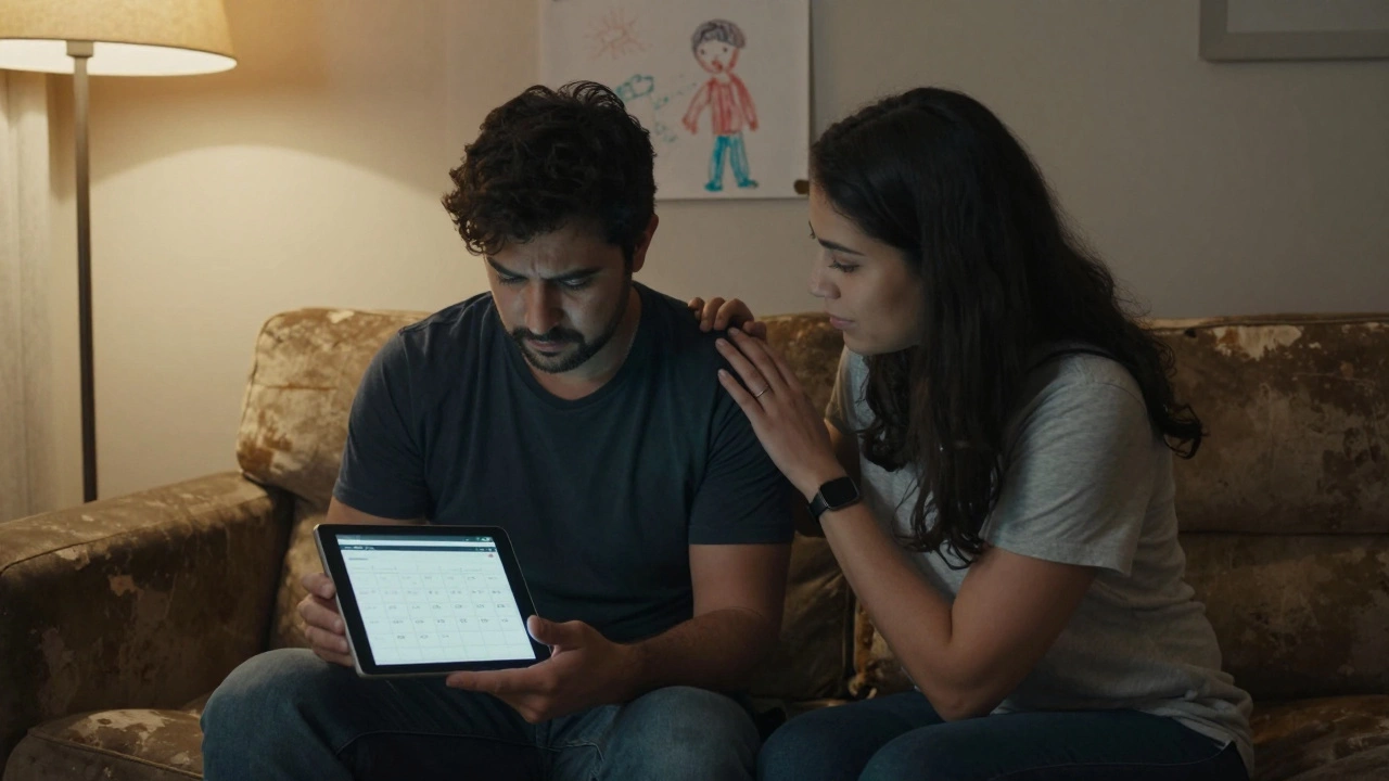 Two partners on a couch, one stressed from work, the other offering quiet support with a hand on their shoulder.