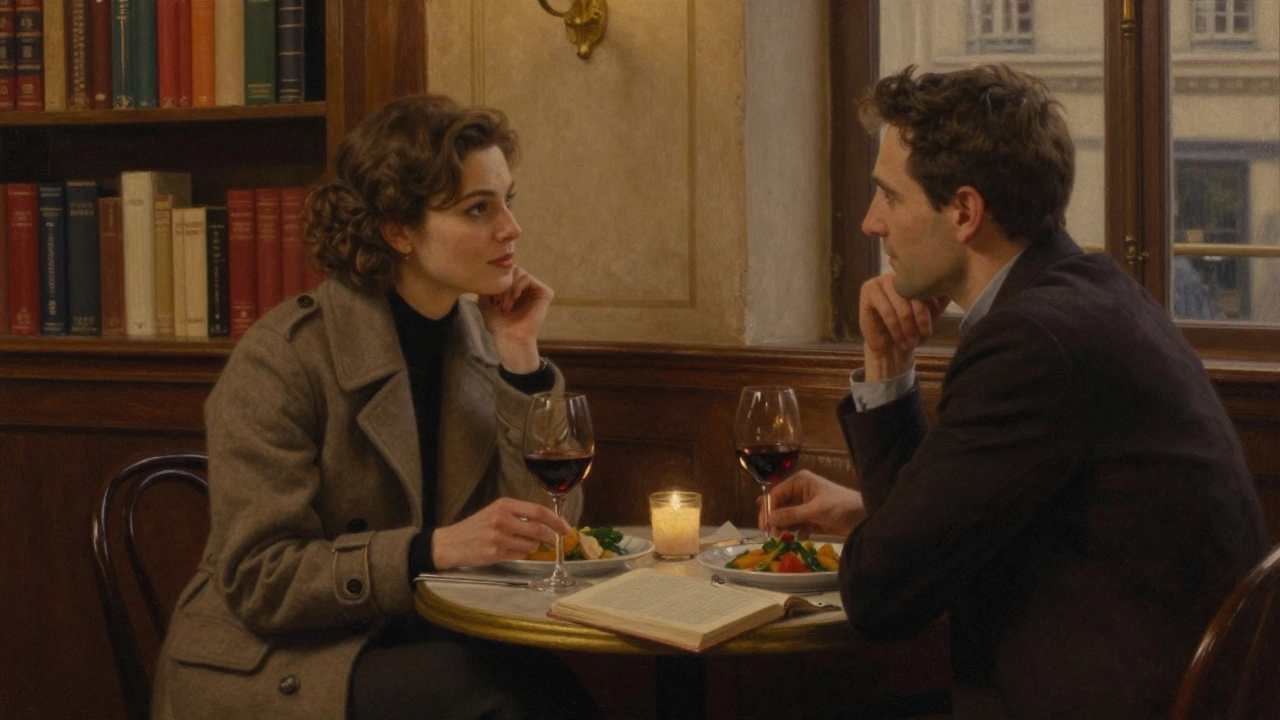 Two people share a quiet dinner in a cozy bistro, engaged in thoughtful conversation over wine and books.